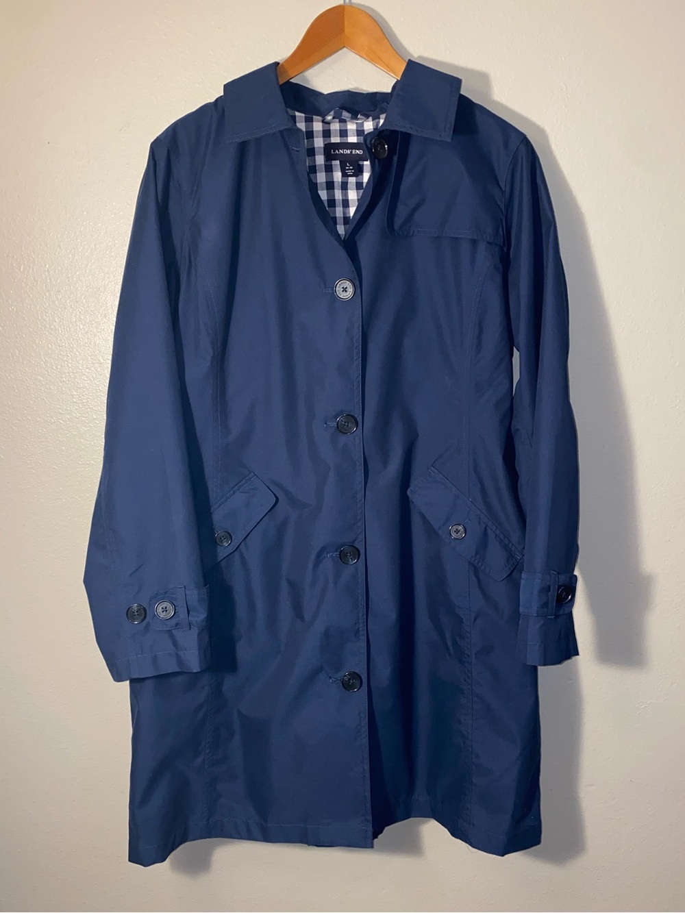 Lands’ End Classic Navy Blue Trench Coat Gingham Lined Size L 14-16
